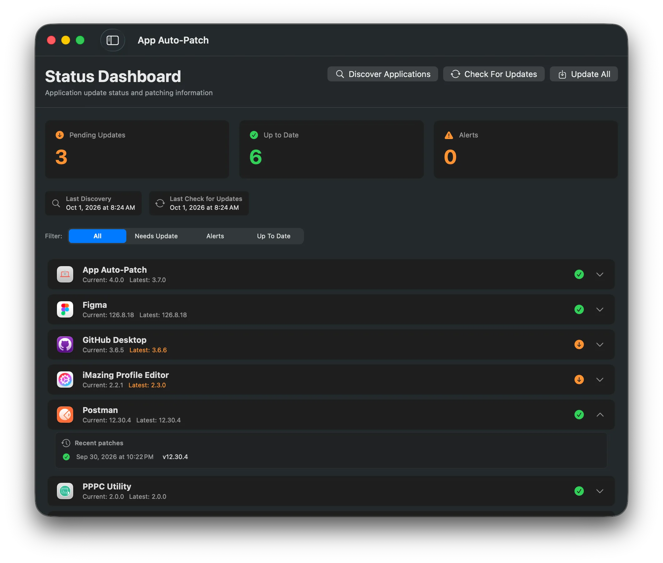 The status dashboard listing every discovered app with its installed and latest version