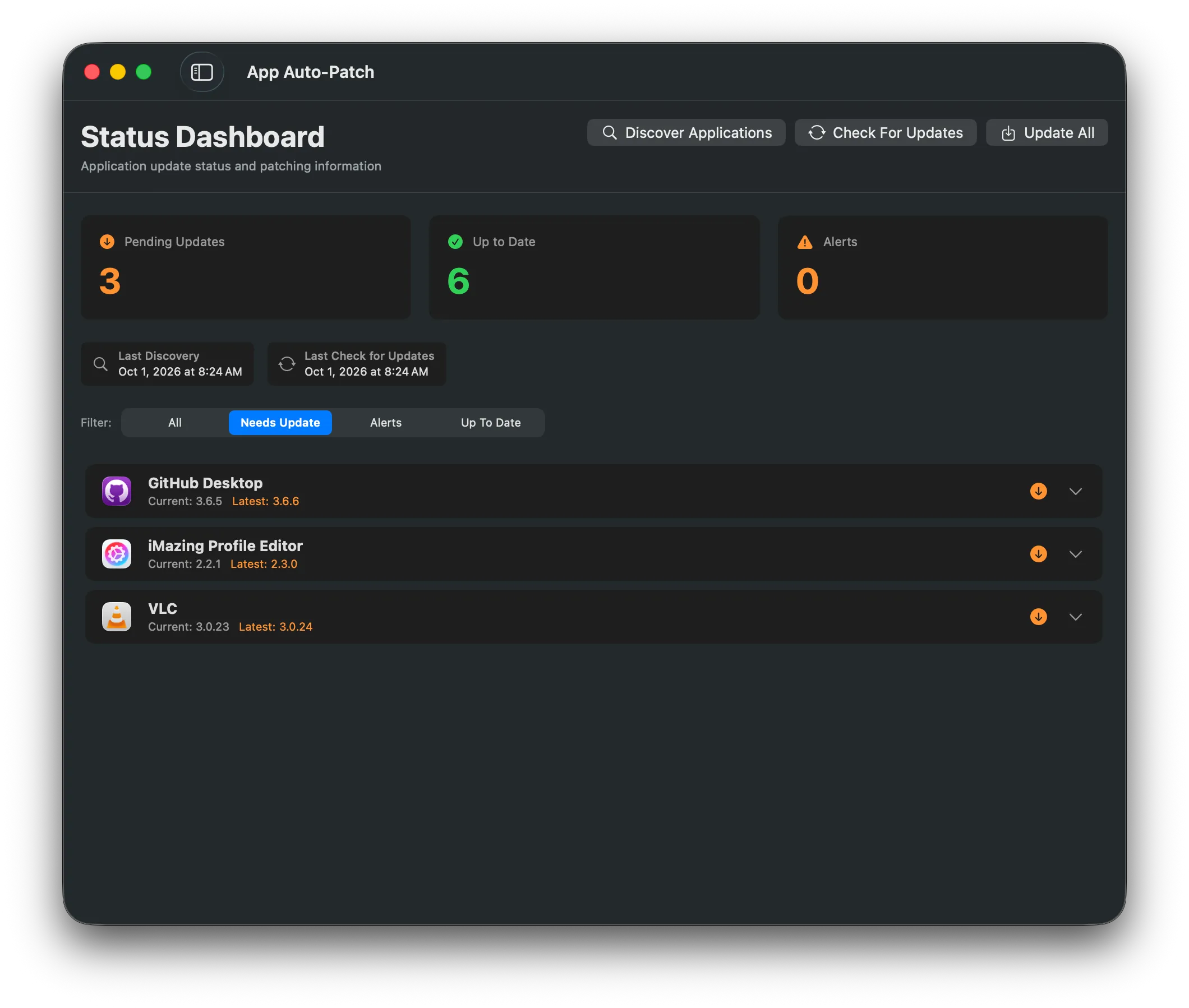 Dashboard filtered to apps that need updates