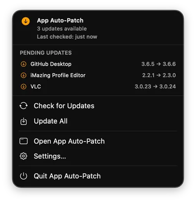 The App Auto-Patch menu bar item listing pending updates