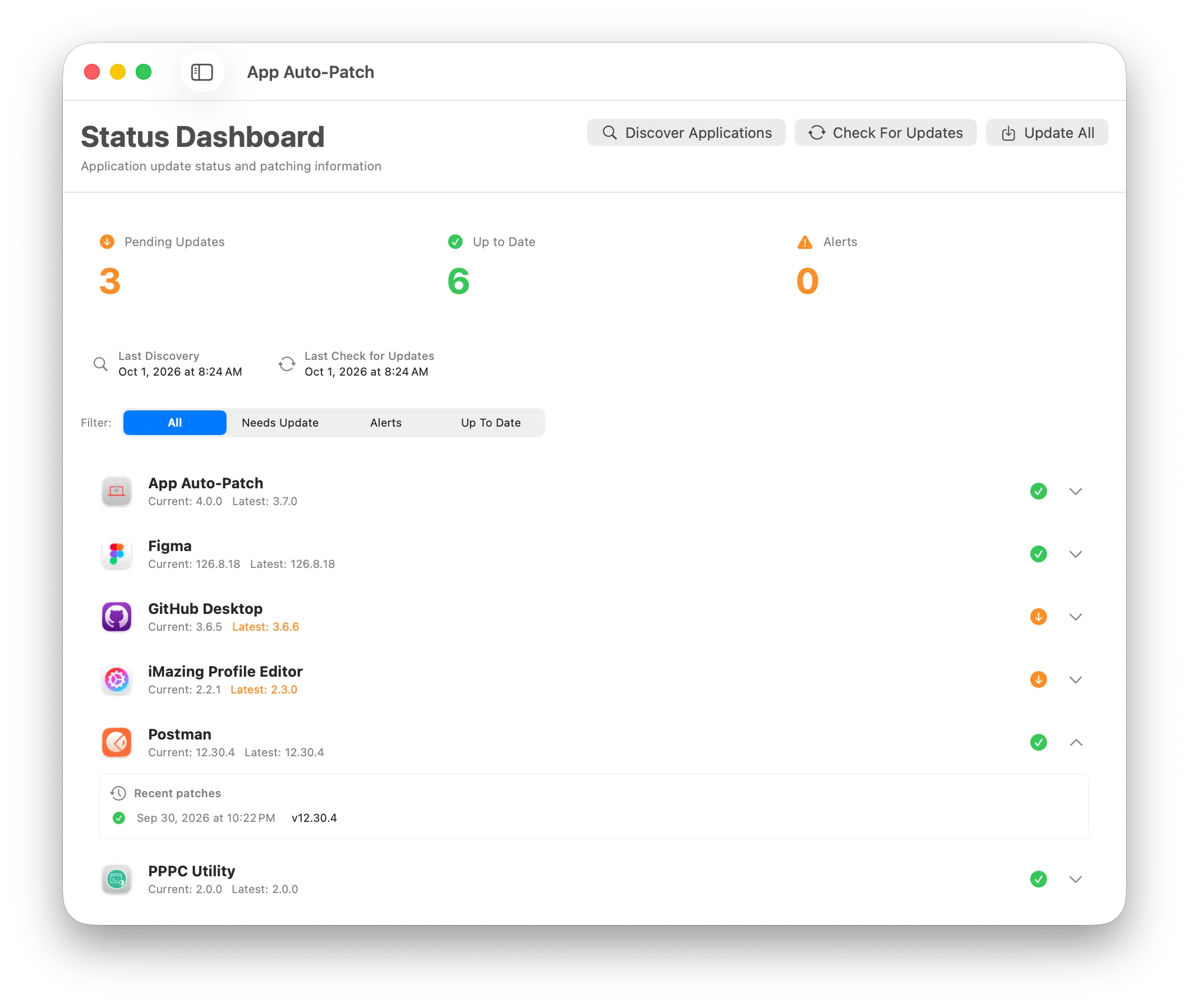 The status dashboard listing every discovered app with its installed and latest version