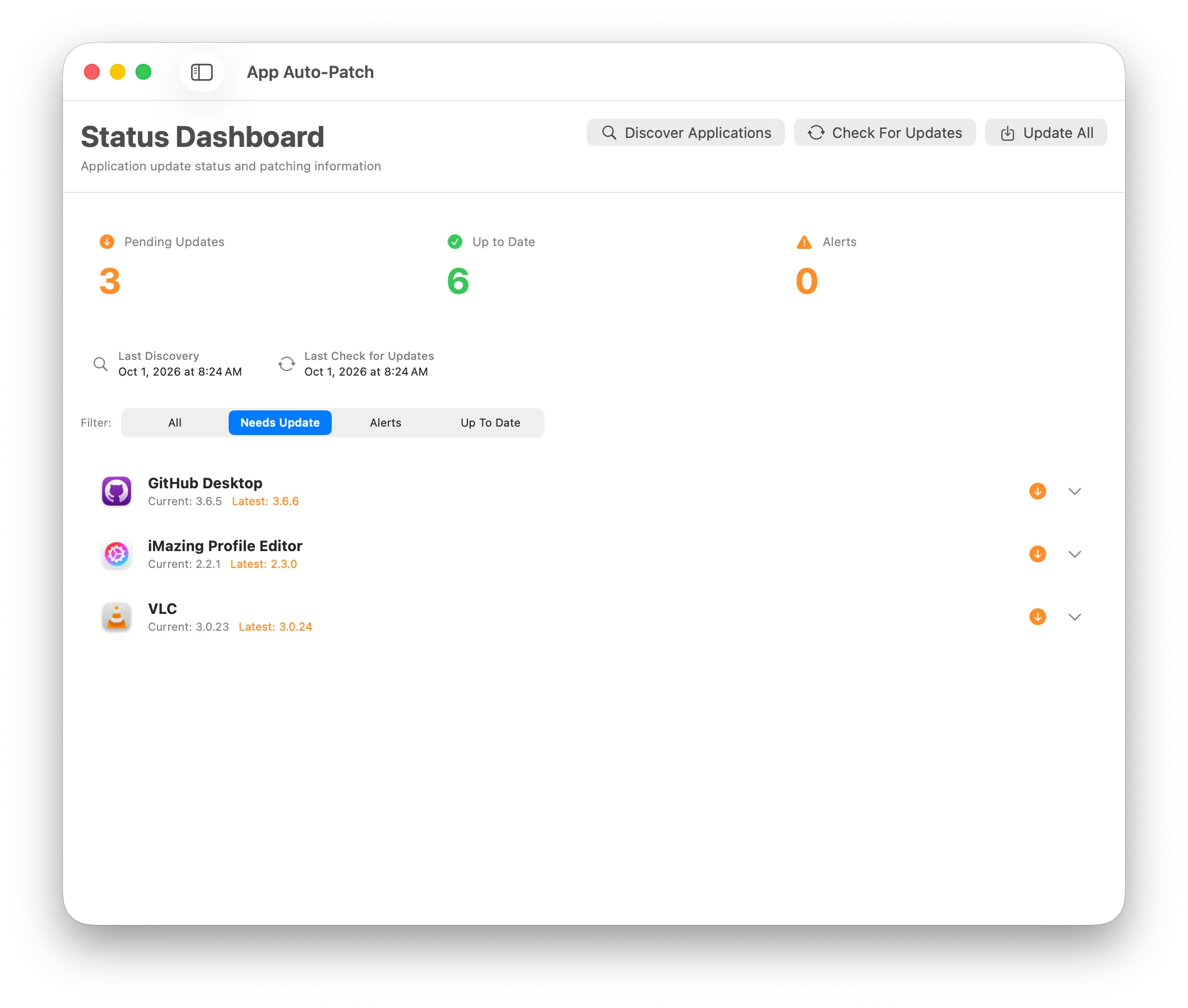 Dashboard filtered to apps that need updates