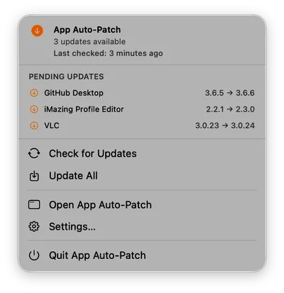 The App Auto-Patch menu bar item listing pending updates