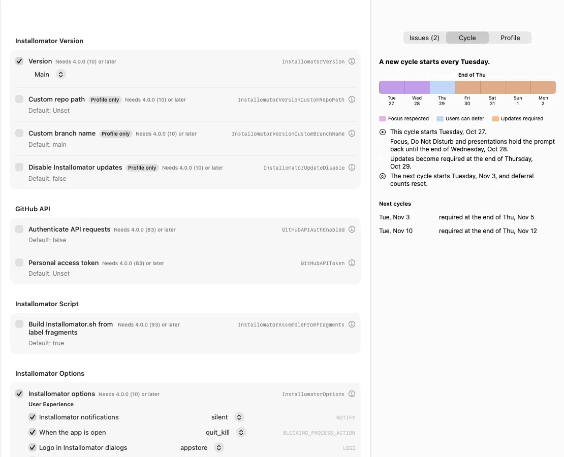 All settings: each key with its default, whether it is managed, and the first App Auto-Patch build that reads it