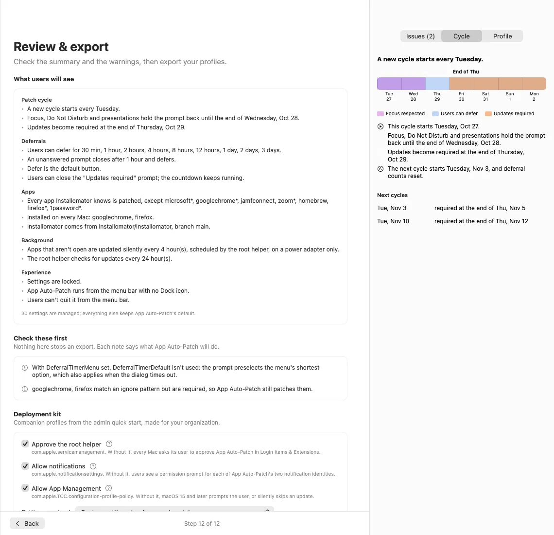 The review step: what users will see, the warnings to check, and the deployment kit