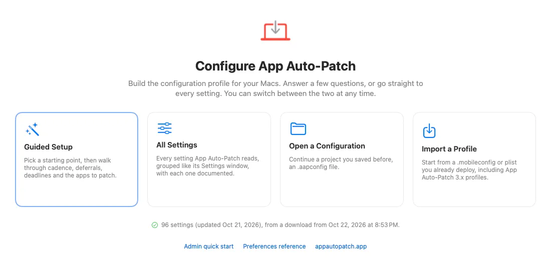 The start screen: Guided Setup, All Settings, Open a Configuration and Import a Profile